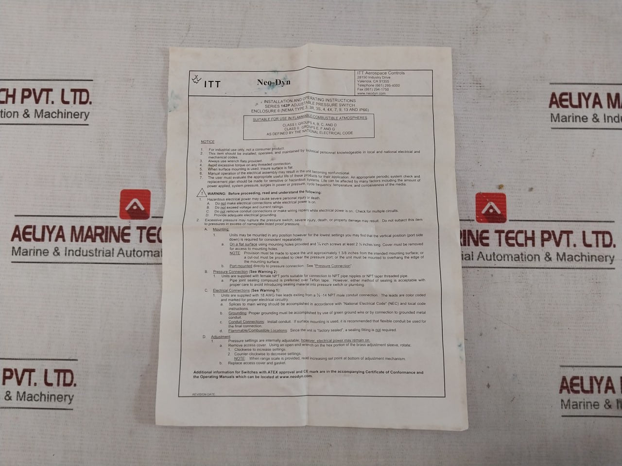 Neo-dyn 142P 142P82Cc6418 Adjustable Pressure Switch 0.5-5 Psi Ip66 057-0771