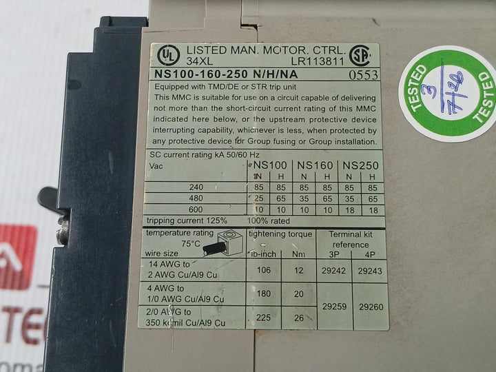 Ns100 N Molded Case Circuit Breaker 750V 50/60Hz Merlin Gerin