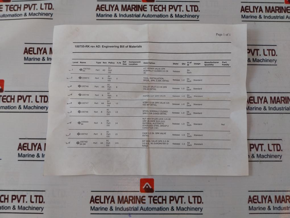 Oceaneering 100755-rk Valve Repair Kit