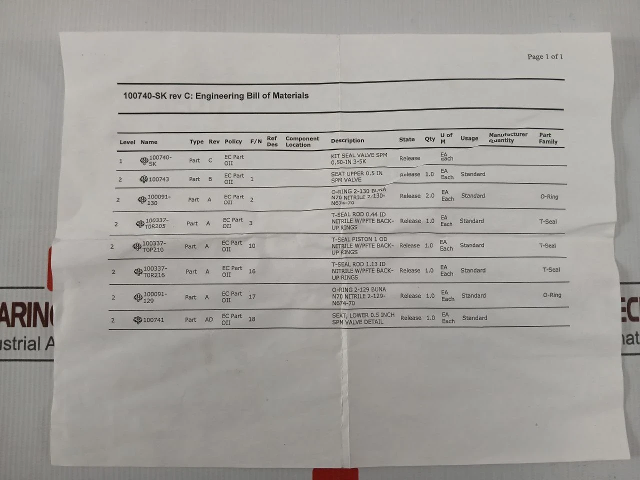 Oceaneering 100755-rk Spm Seal Valve Repair Kit 100749,100742,100873,100091-129