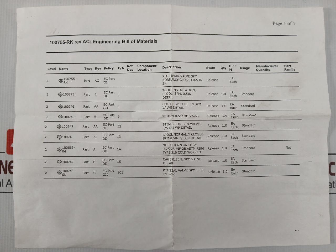 Oceaneering 100755-rk Spm Seal Valve Repair Kit 100749,100742,100873,100091-129