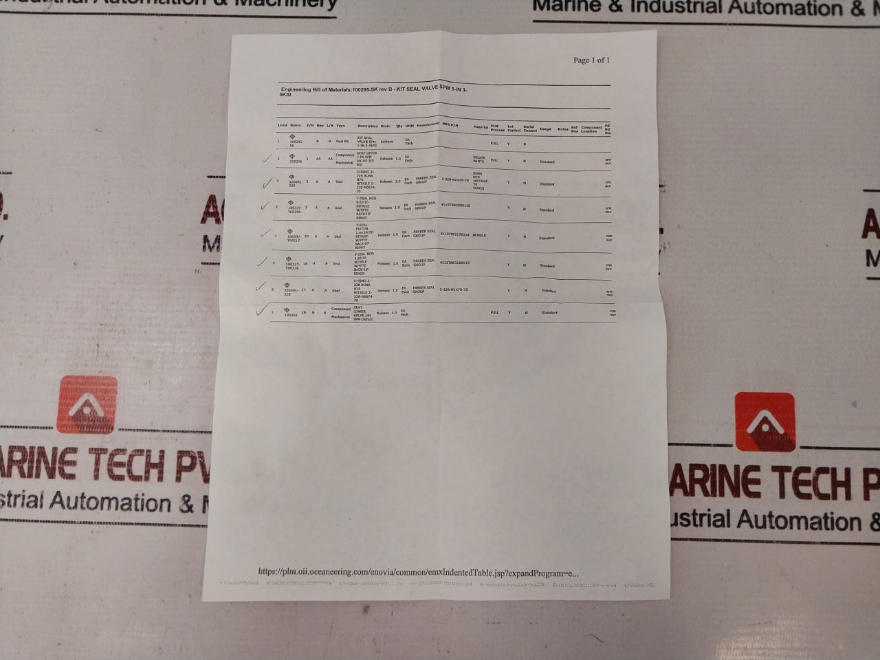Oceaneering 100295-sk Seal Valve Kit 100295-sk