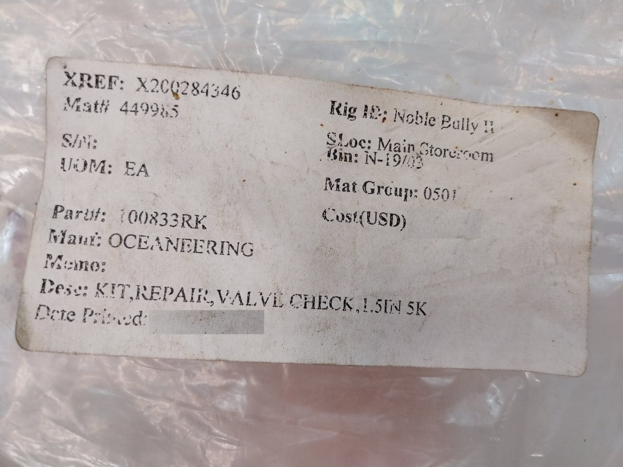 Oceaneering 100833-rk Check Seal Valve Repair Kit 100091-334