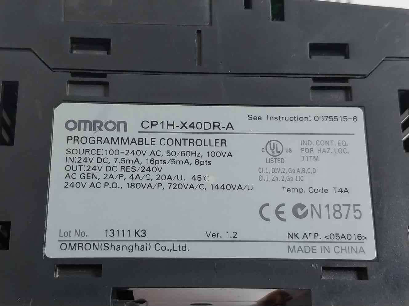 Omron Cp1H-x40Dr-a Programmable Logic Controller 100-240V Ac, 50/60Hz