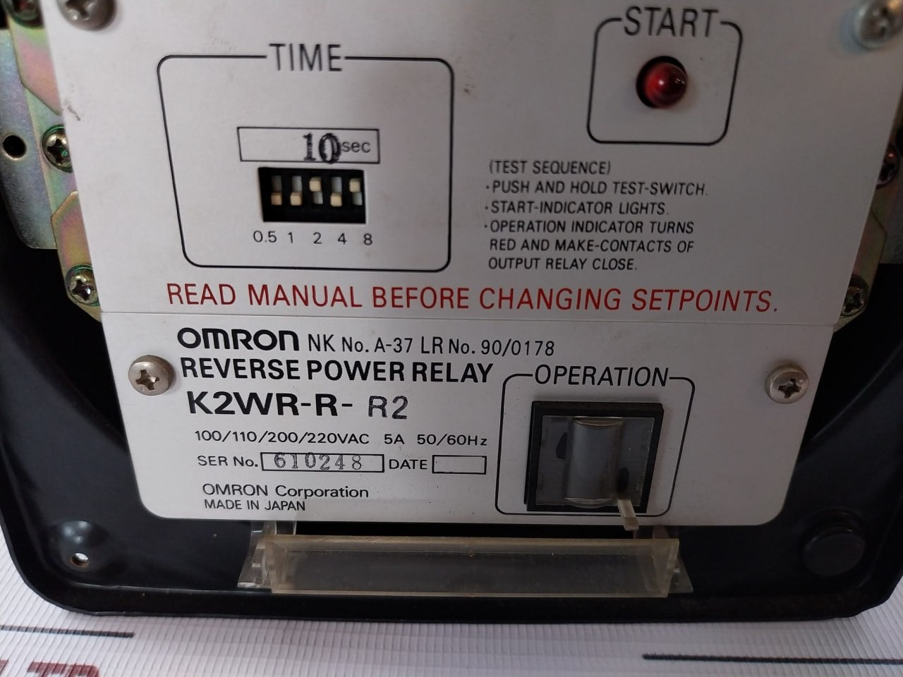 Omron K2Wr-r-r2 Reverse Power Relay 100/110/200/220Vac 5A 50/60Hz 10 Sec