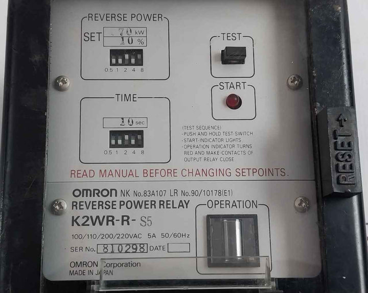 Omron K2wr-r-s5 Reverse Power Relay 100/110/200/220vac 5a 50/60hz 10 Sec