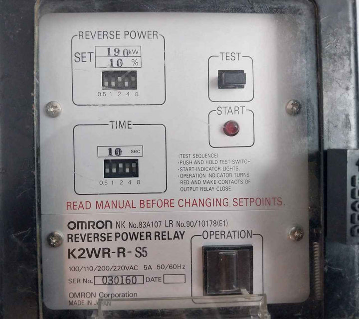 Omron K2wr-r-s5 Reverse Power Relay 100/110/200/220vac 5a 50/60hz 10 Sec