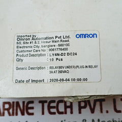 Omron Ly4n-d2 Plug-in Relay 24vdc 10a 110vac~/ 10a 240vac