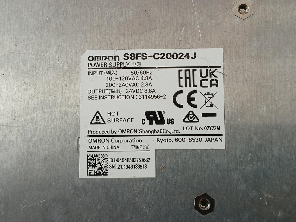 Omron S8Fs-c20024J Power Supply 24Vdc 8.8A 100-120Vac 4.8A 50/60Hz