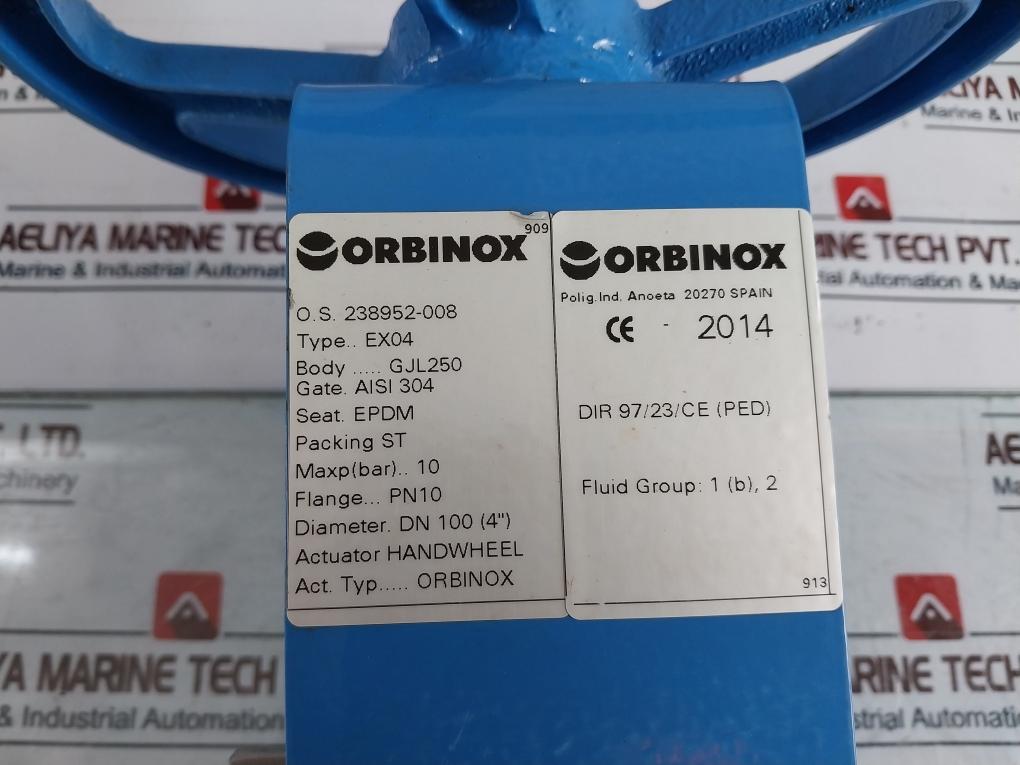 Orbinox Ex04 Knife Gate Valve Dn100 With Handwheel Actuator Gjl250