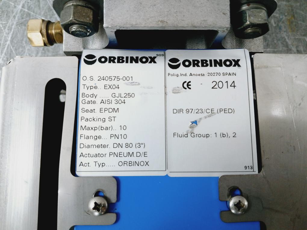 Orbinox Ex04 Knife Gate Valve Dn 80 Pn10 3.5/10 Bar Aisi 304 Stainless Steel