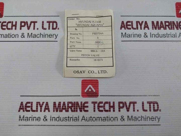Osav Piston Valve P/No.5 Disc 900Lb-15A