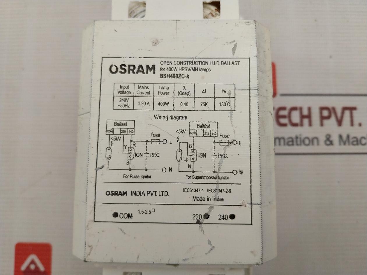 Osram Bsh400Zc-k Open Construction Hid Ballast For 400W Hpsv/Mh Lamp 240V 50Hz