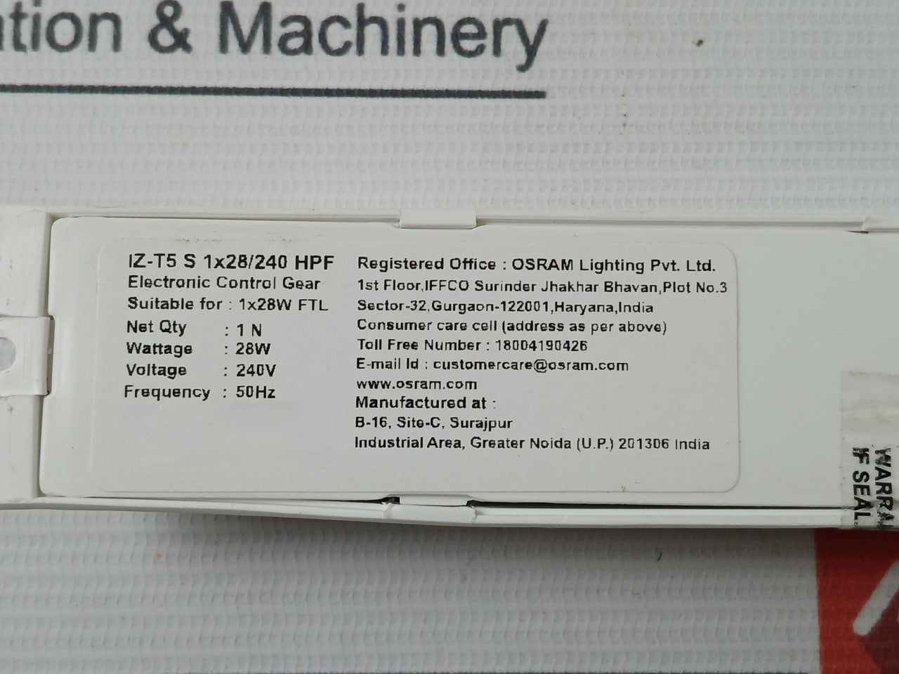 Osram Iz-t5S 1X28/240 Hpf Electronic Control Gear 240V 50Hz 28W
