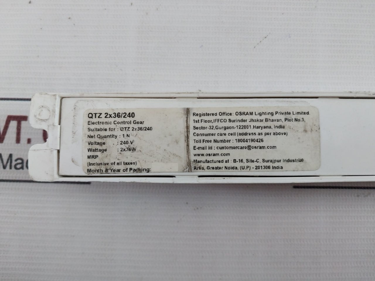 Osram Qtz 2X36/240 Electronic Control Gear Ballast 240V Ac 50 Hz