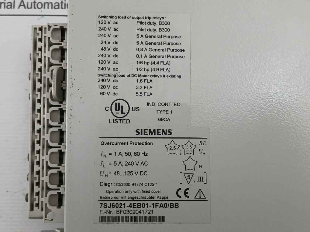 Overcurrent Protection Relay By Siemens 7Sj6021-4Eb01-1Fa0/Bb, 48-125 Vdc