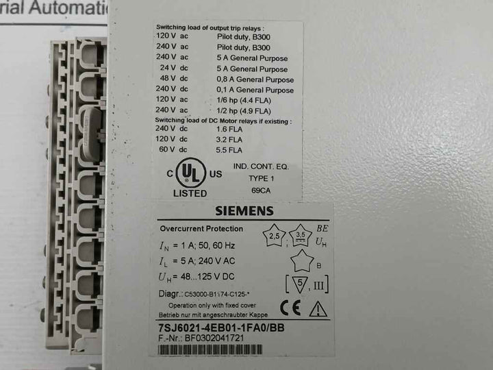 Overcurrent Protection Relay By Siemens 7Sj6021-4Eb01-1Fa0/Bb, 48-125 Vdc
