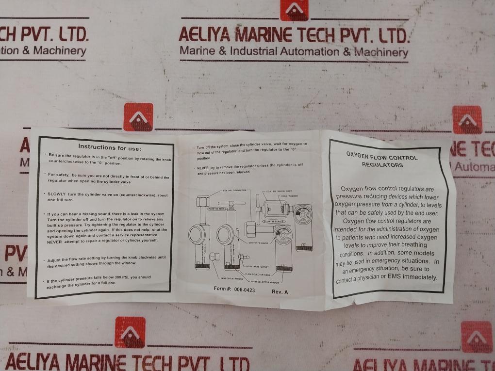 Oxygen Flow Control Regulator 0 To 3000 Psi Rev: A 006-0423
