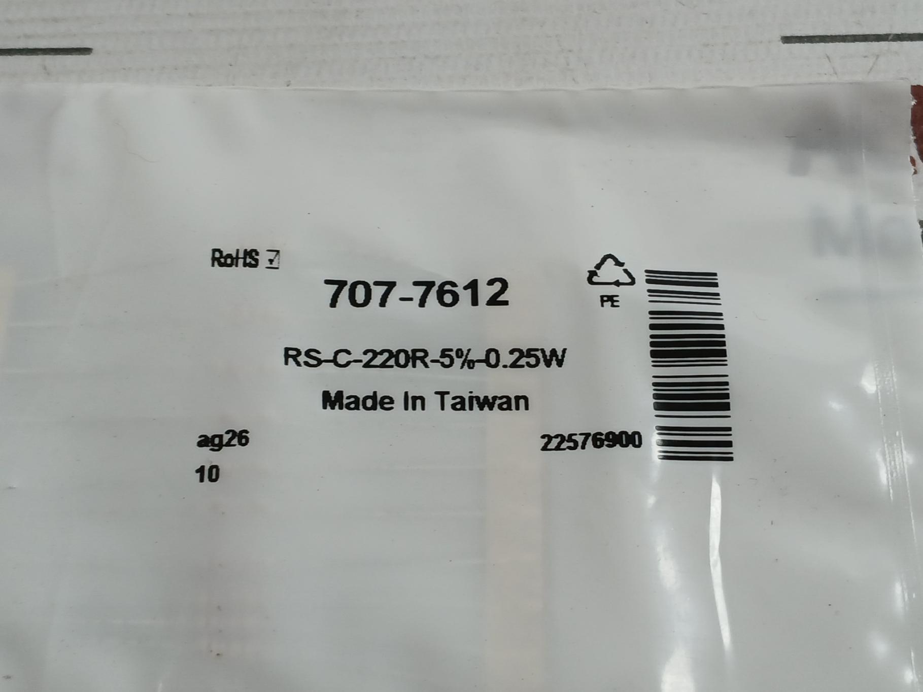 Pack of 5X RS 707-7612 Carbon Film Resistor 220OHM 0.25W