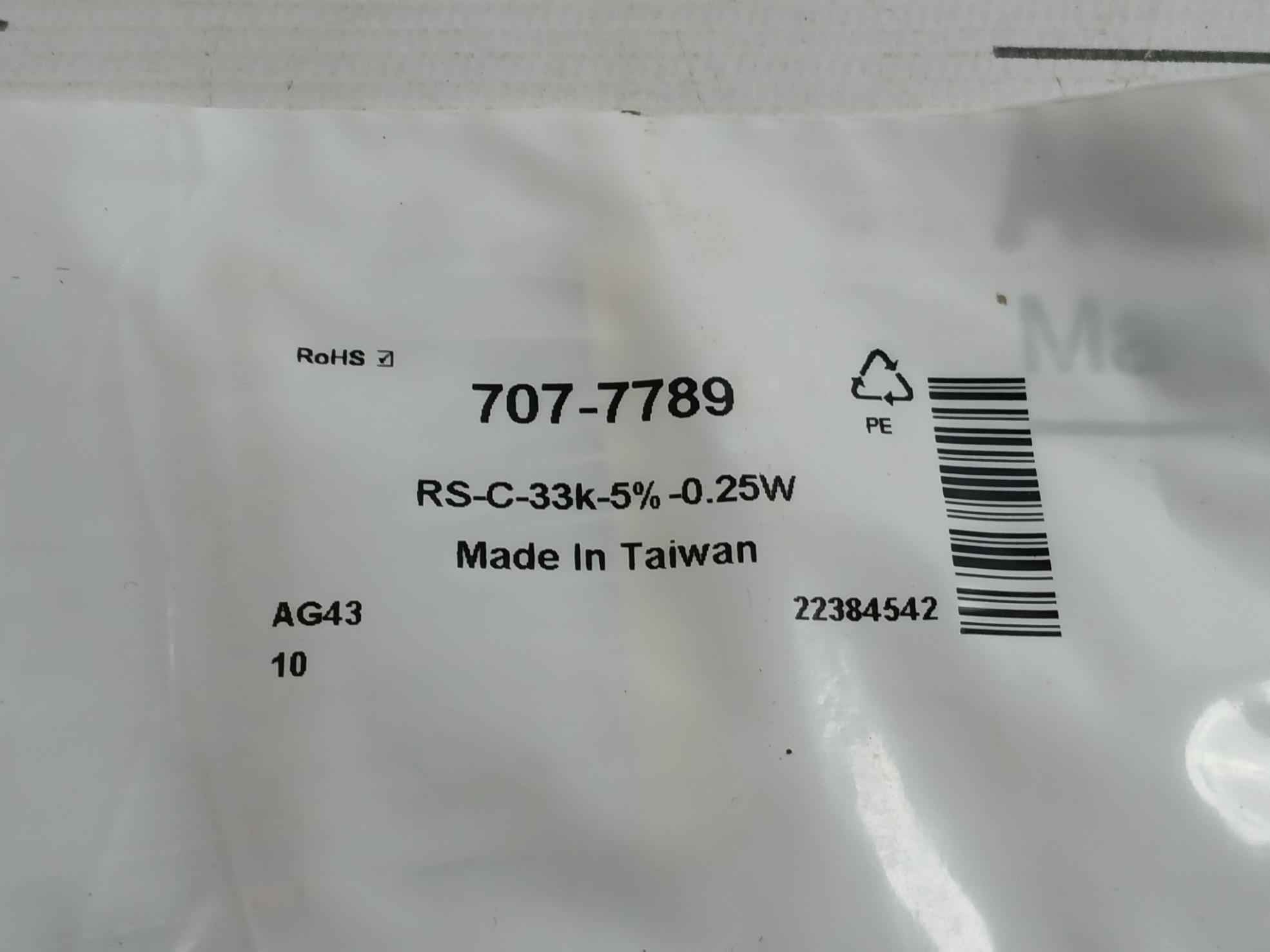 Pack Of 5X C-33K-5%-0.25W Brand Rs - Carbon Film Resistor 707-7789