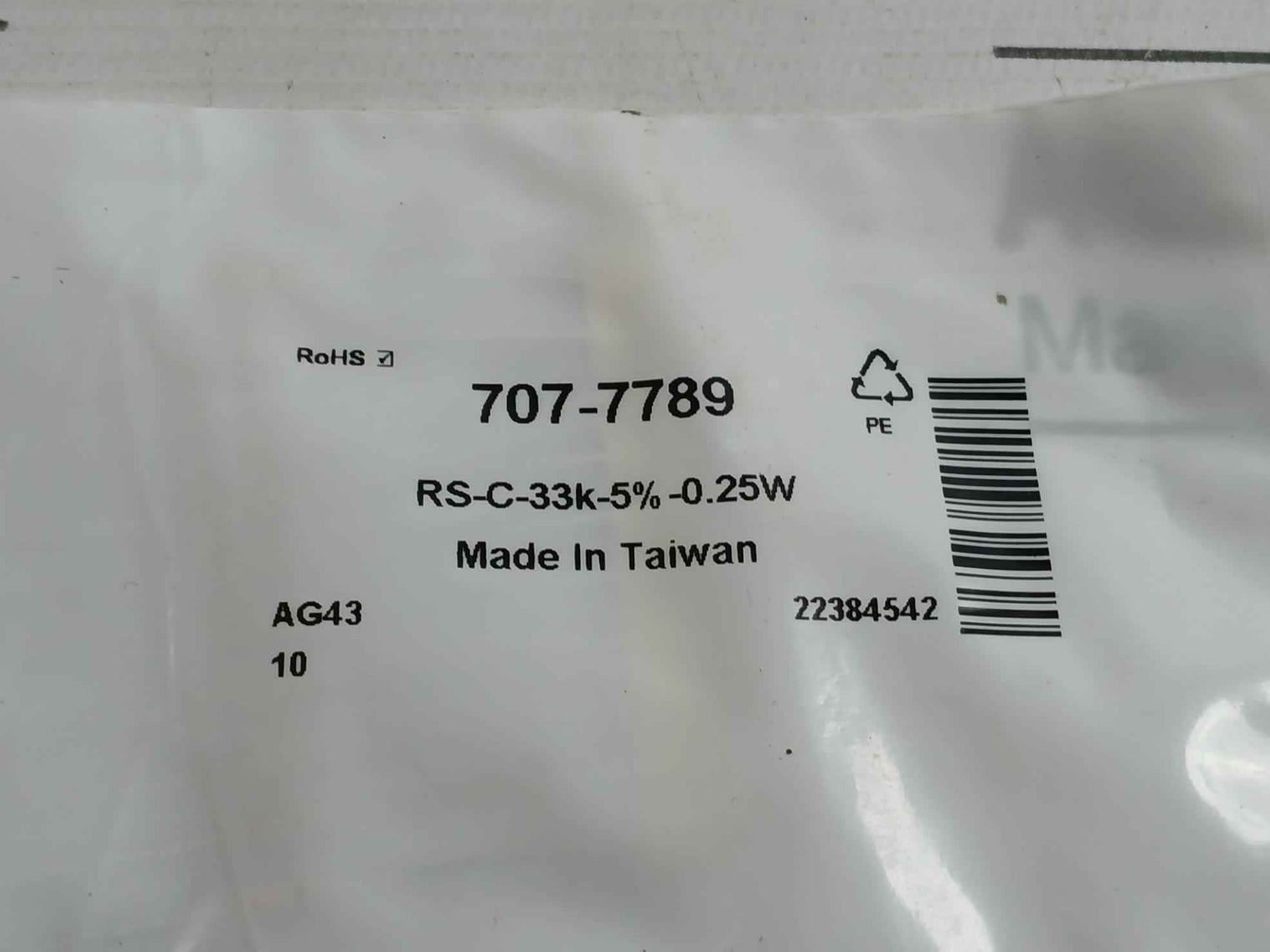 Pack Of 5X C-33K-5%-0.25W Brand Rs - Carbon Film Resistor 707-7789