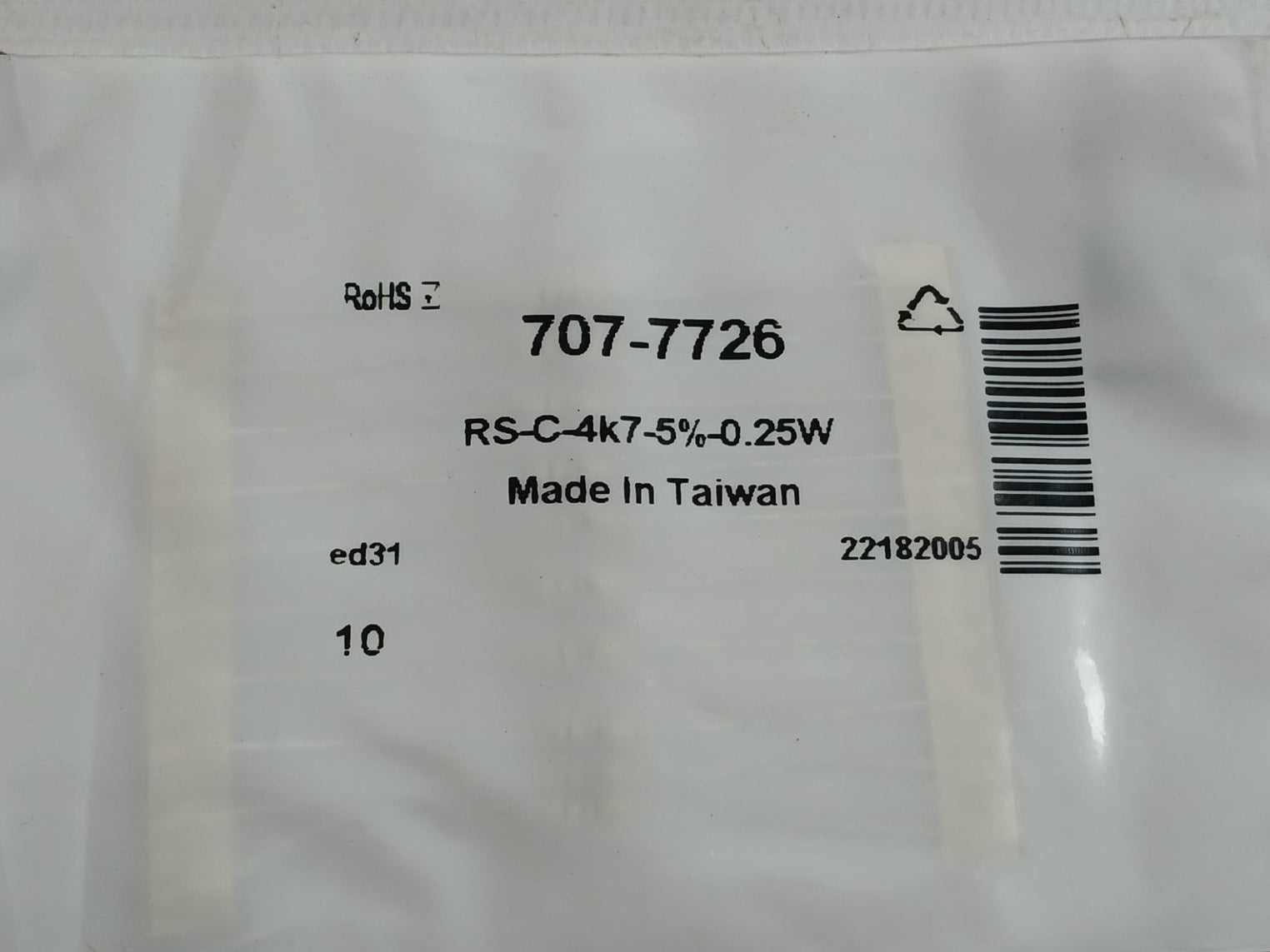 Pack Of 5X Rs-c-4K7-5%-0.25W Rs Pro Film Resistor 50 Gm