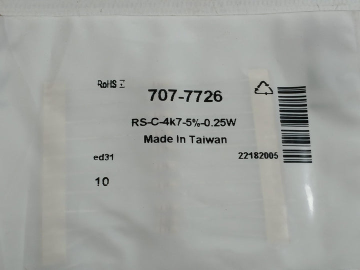 Pack Of 5X Rs-c-4K7-5%-0.25W Rs Pro Film Resistor 50 Gm