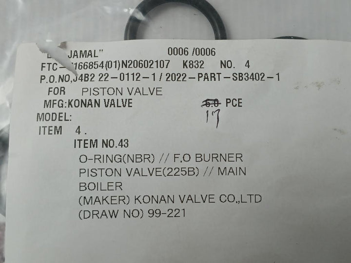 Pack of 3 KONAN K832 O-Ring (NBR) F/ F.O Burner Piston Valve(225B)