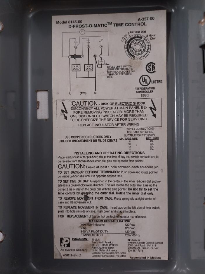 Paragon 8145-00 Defrost Control Timer 120V 60Hz 40A Rev. C