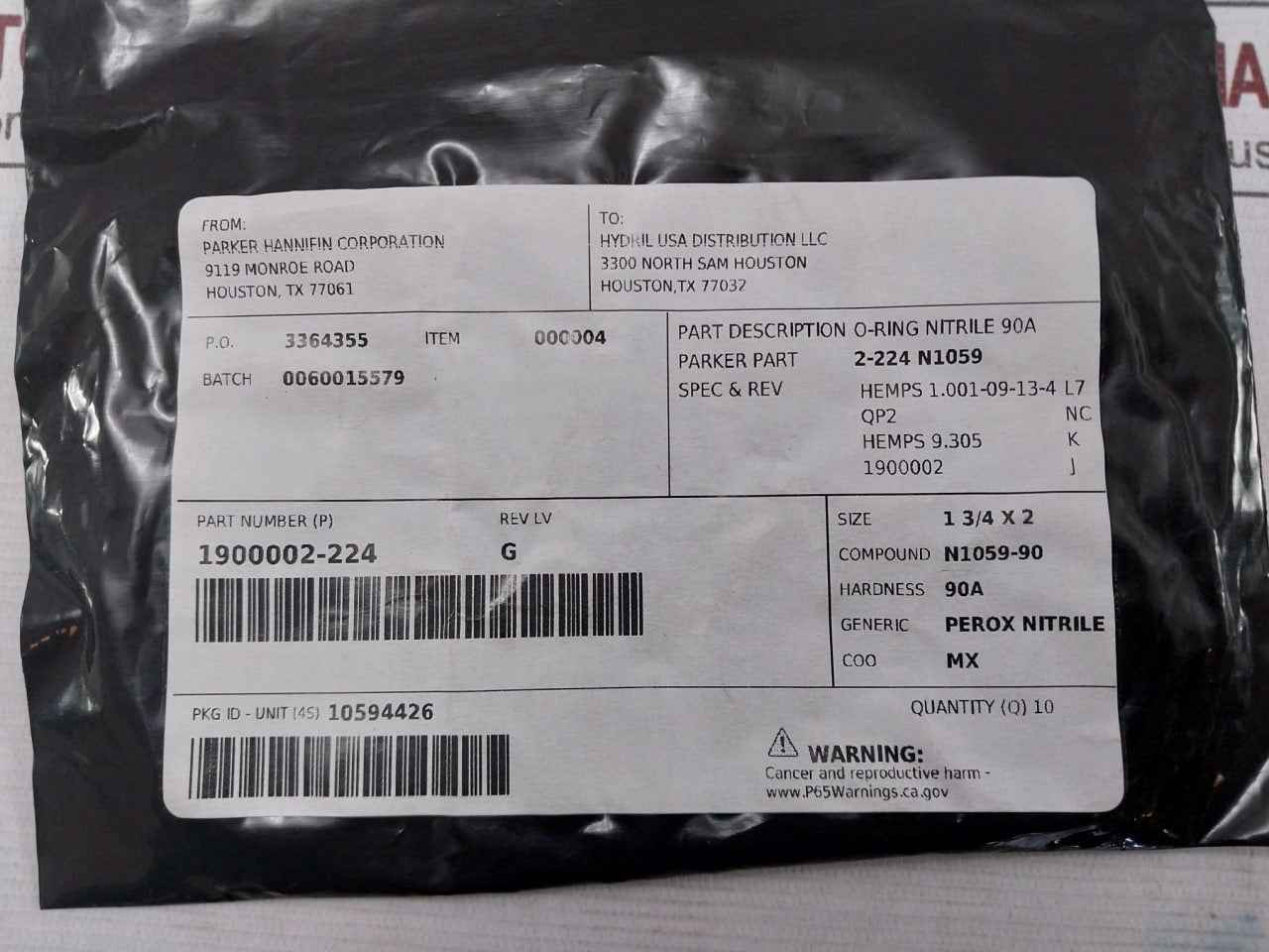 Parker 1900002-224 O-ring For Pod Wedge Seal 90A 90 Duro 2-224