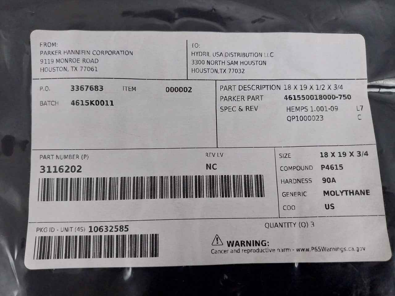 Parker 3116202 Molythane Seal 461550018000-750 Rev Lv: Nc, Size: 18 X 19 X 3/4