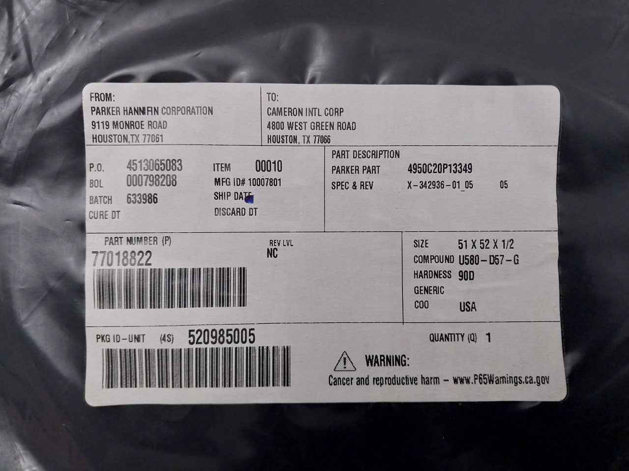 Parker 77018822 O-ring 4950C20P13349 90D 51 X 52 X 1/2