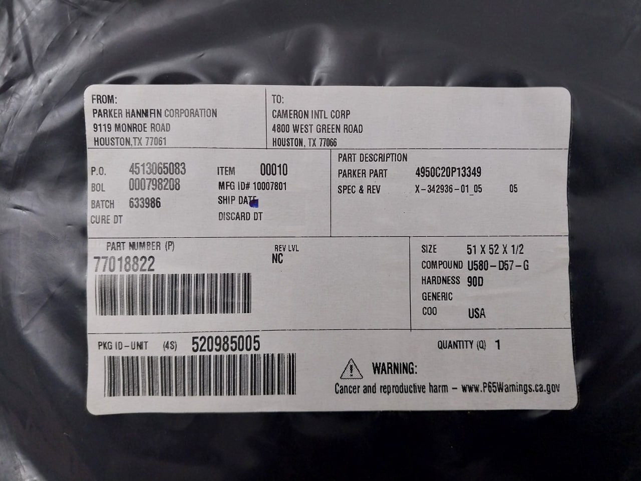 Parker 77018822 O-ring 4950C20P13349 90D 51 X 52 X 1/2