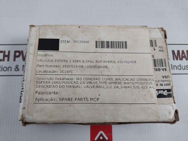 Parker 8A-b8Lj2-ssp-h-3478 2-way Manual Ball Valve B Series 1/2 In. Rev.A1