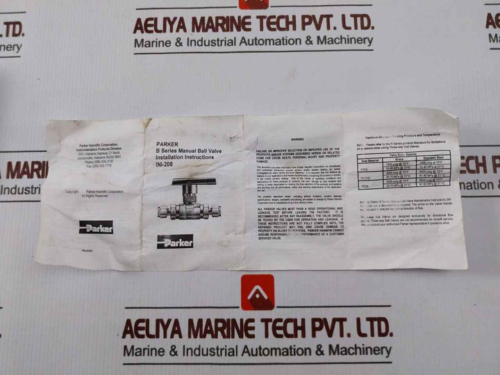 Parker 8A-b8Lj2-ssp-h-3478 B-series Two Way Stainless Steel Ball Valve Ini-208