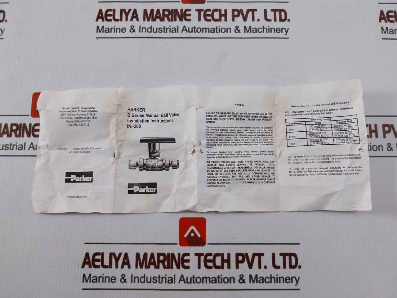 Parker 8A-b8Lj2-ssp-h-3478 B-series Two Way Stainless Steel Ball Valve Rev: A1