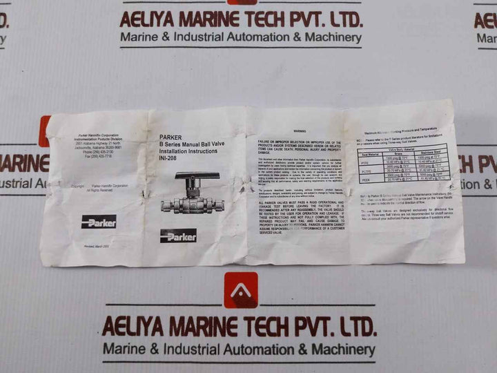 Parker 8A-b8Lj2-ssp-h-3478 B-series Two Way Stainless Steel Ball Valve Rev: A1