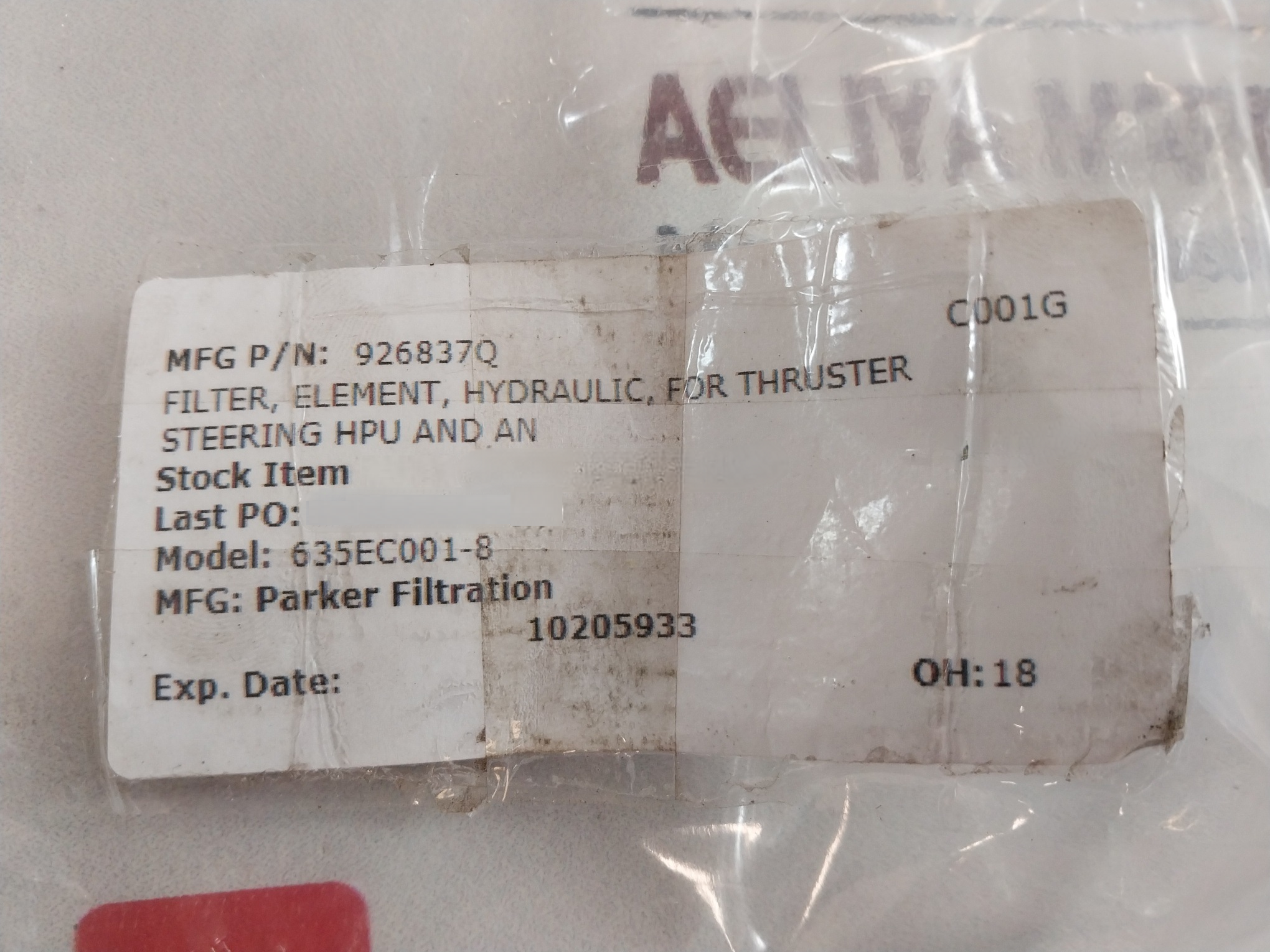 Parker 926837Q Hydraulic Filter Element 635Ec001-8