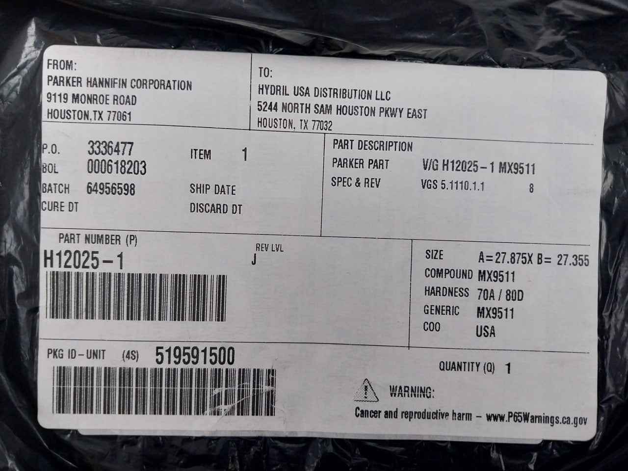 Parker H12025-1 Seal Ring 18-15M Dimensions: A=27.875X B=27.355, Rev Lvl: J