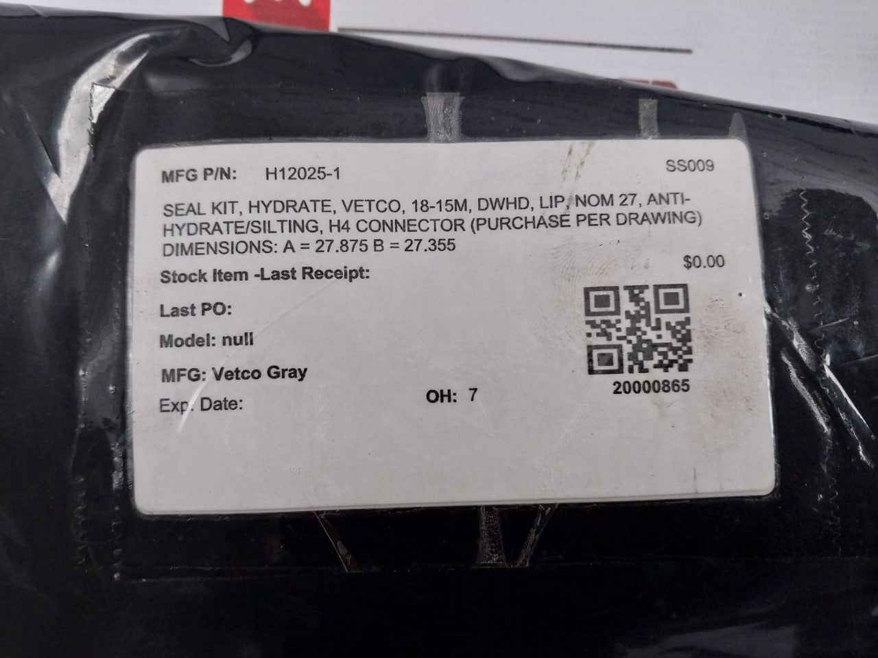 Parker H12025-1 Seal Ring 18-15M, Rev Lvl: J Dimensions: A=27.875X B=27.355
