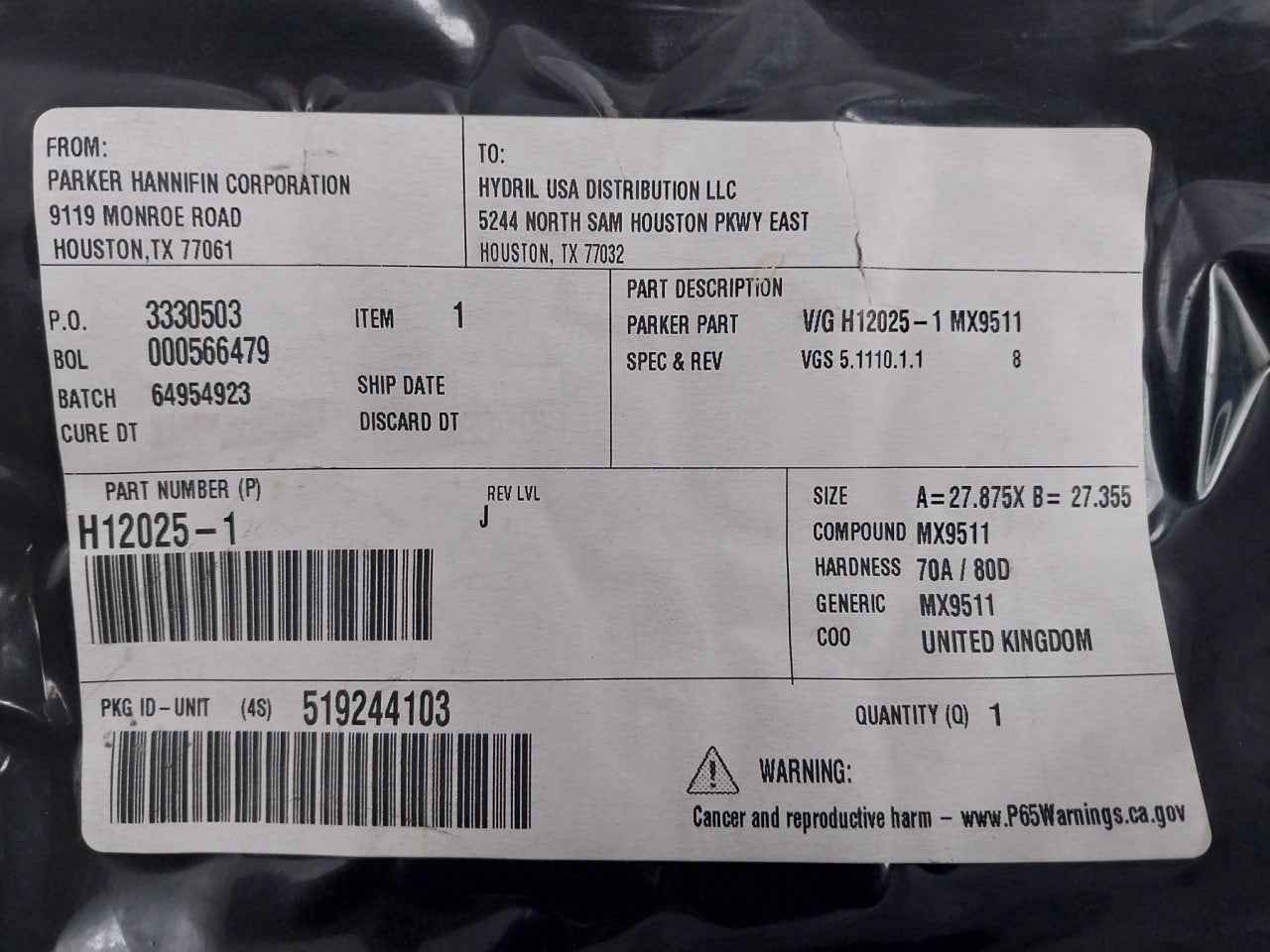 Parker H12025-1 Seal Ring 18-15M, Rev Lvl: J Dimensions: A=27.875X B=27.355