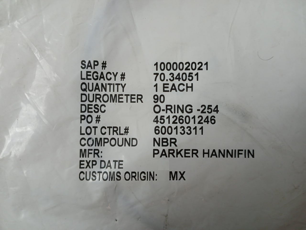 Parker Hannifin 100002021 O-ring Seal 254 Nit 90 Duro 70.34051 30306408
