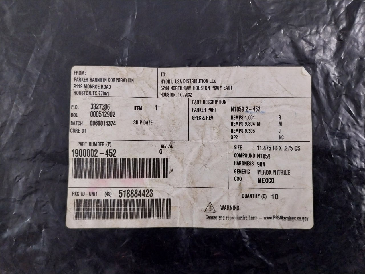 Parker Hannifin 1900002-452 Anel-o/O-ring 90 Duro 2-452 11.475 Id X .275 Cs