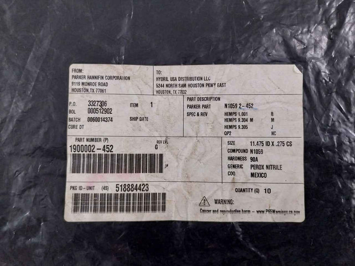 Parker Hannifin 1900002-452 Anel-o/O-ring 90 Duro 2-452 11.475 Id X .275 Cs
