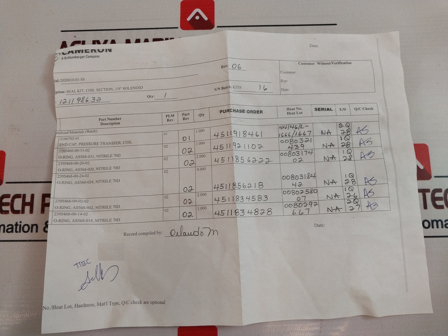 Parker Hannifin 2395468-00-20-02 Solenoid Valve Coil Section Repair Kit Rev: 09