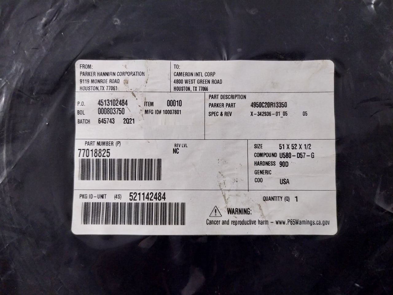 Parker Hannifin 77018825 O-ring 4950C20R13350 Rev Nc