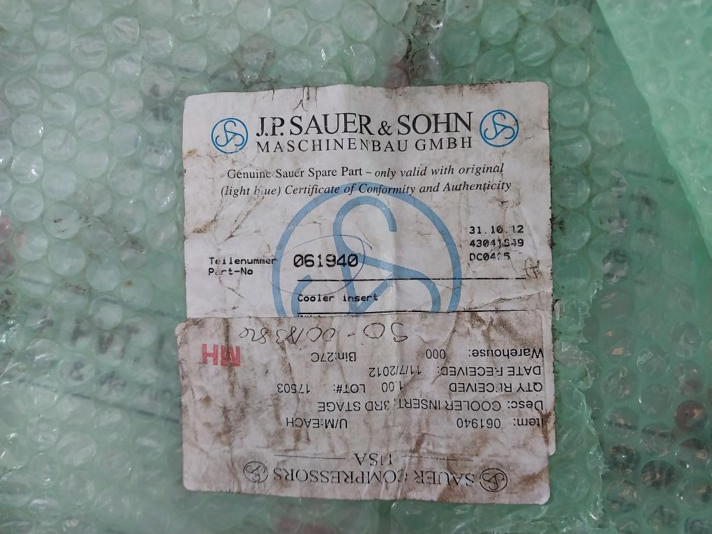 Sauer & Sohn 09-313-5 Cooler Insert For 3Rd Stage Air Dryer Hp Compressor Wp5000