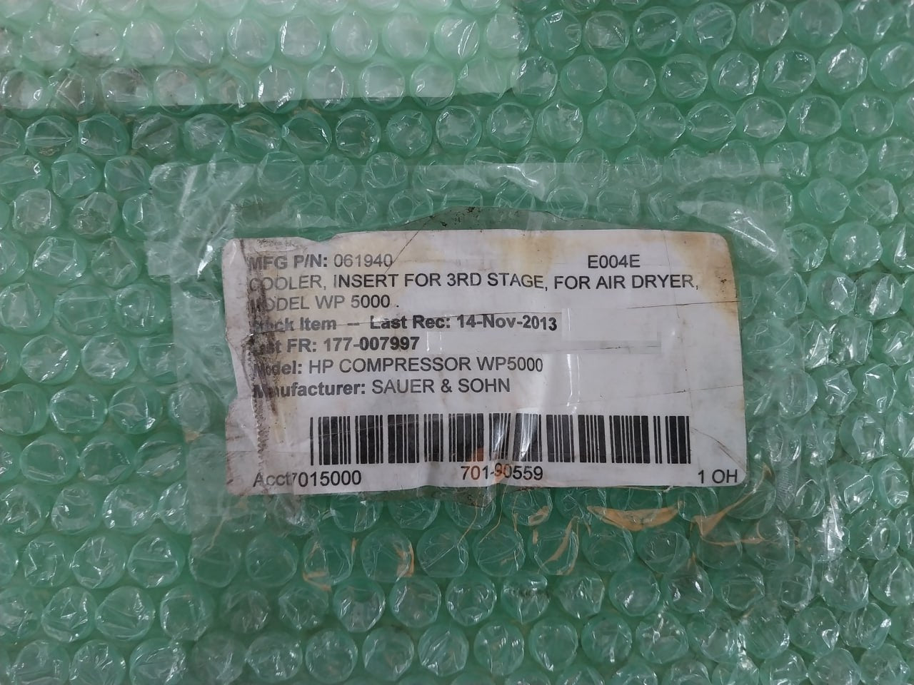Sauer & Sohn 09-313-5 Cooler Insert For 3Rd Stage Air Dryer Hp Compressor Wp5000