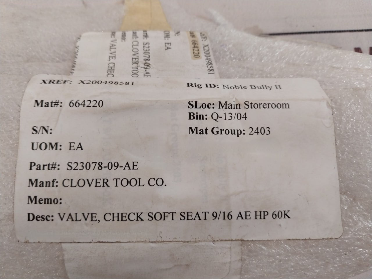 Parker Cko9900 Check Valve S23078-09-ae Ht- 744765