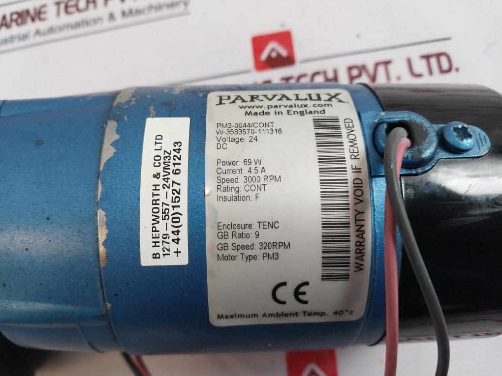 Parvalux Pm3-0044/cont Right Angle Gear Motor 3000rpm 24vdc 69w 4.5a